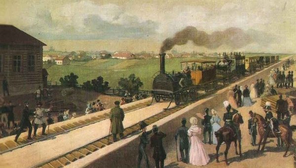 ﻿﻿Первый пассажирский поезд на Царскосельской железной дороге. Н. С. Самокиш. 1837